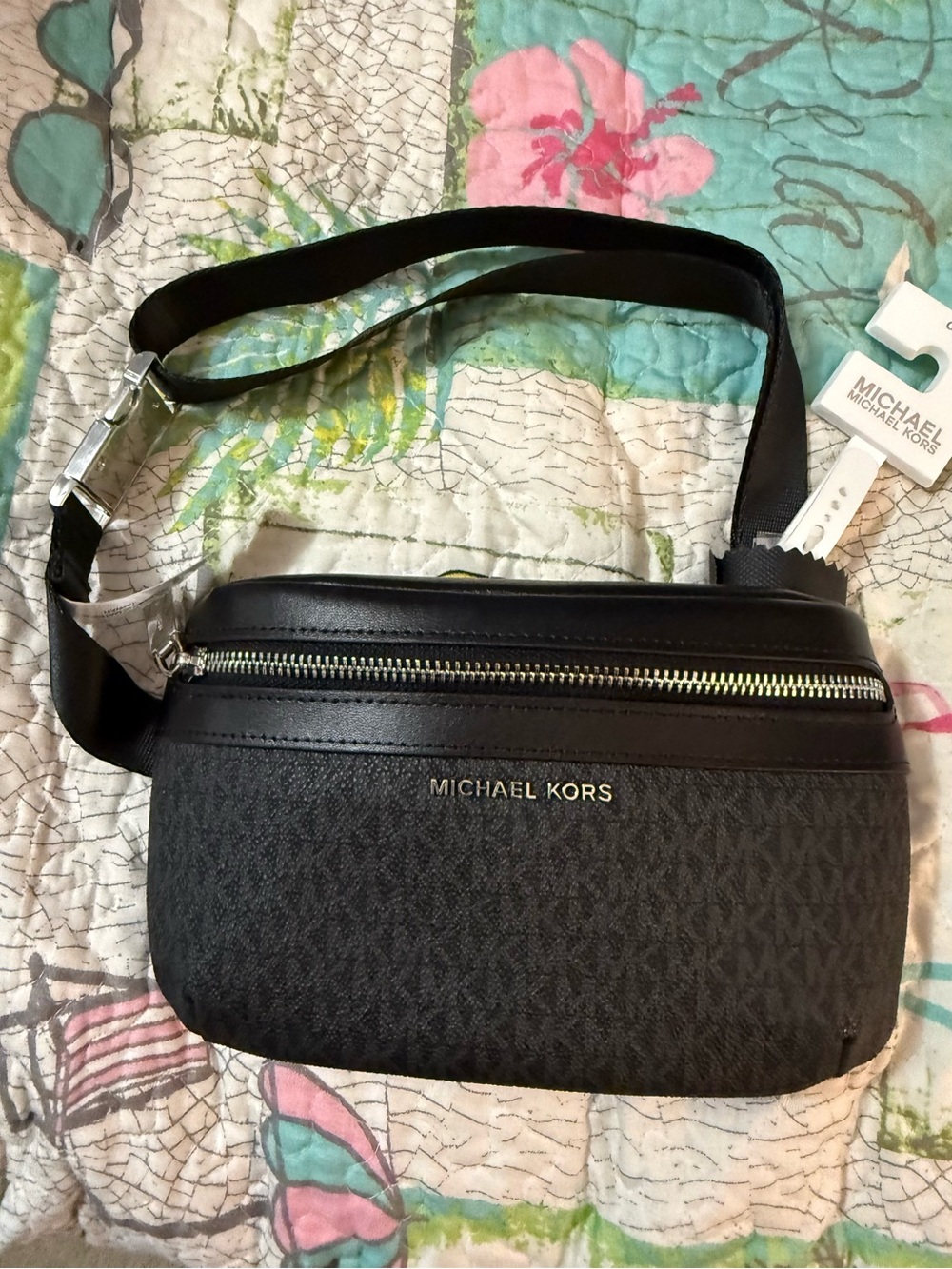 Michael Kors Black & Dark Gray Signature Crossbody Belt Bag with Silver Hardware